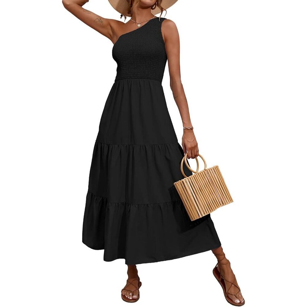 Summer One Shoulder Dress Women Smocked Floral Flowing Empire Waist Casual